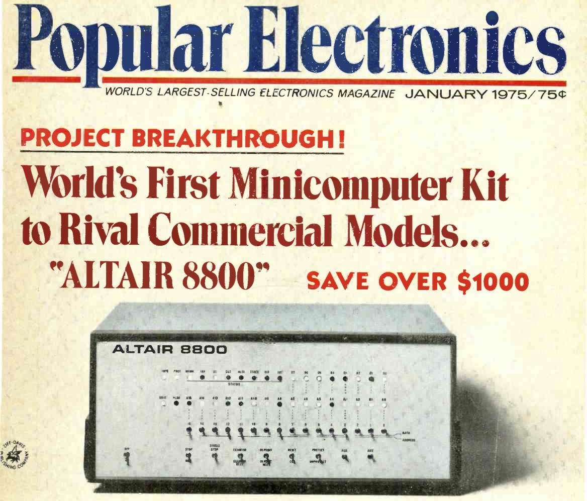 Cover of January 1975 issue of Popular Electronics magazine featuring the Altair 8800